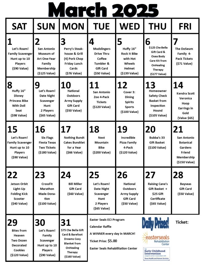 March Calendar with raffle prizes and values