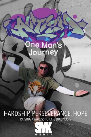 Scott posing in front of a wall that says autism in graffiti. "One man's journey" "Hardship, Perseverance, Hope" "Raising awareness to late diagnosis" SMK Media