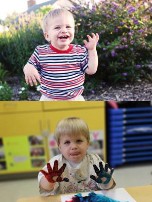 Walker, a toddler with blonde hair, waves at the camera, and also does finger painting