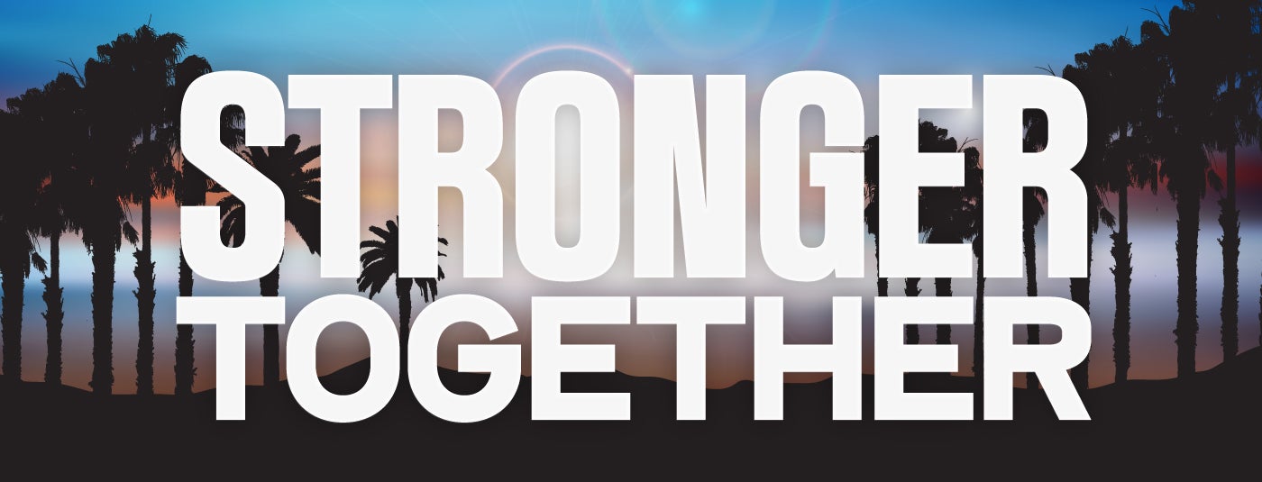 Graphic for Easterseals Southern California with the slogan 'STRONGER TOGETHER - UNITING FOR A PURPOSE' overlaid on a serene palm tree silhouette against a twilight sky.